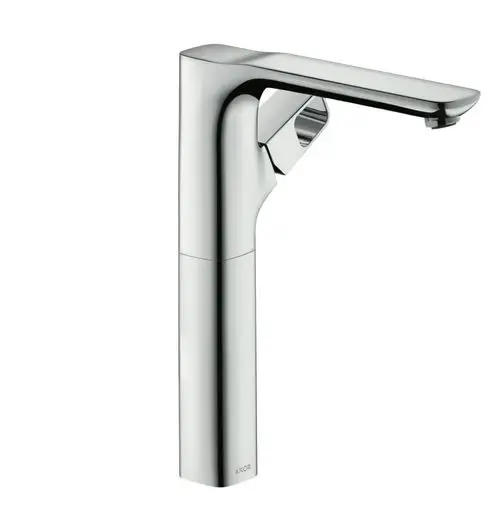 Einhebel-Waschtischmischer in glänzendem Metall, mit einem schmalen Auslauf und einem seitlichen Hebel, hergestellt von AXOR, für die Montage auf Aufsatzwaschtischen.